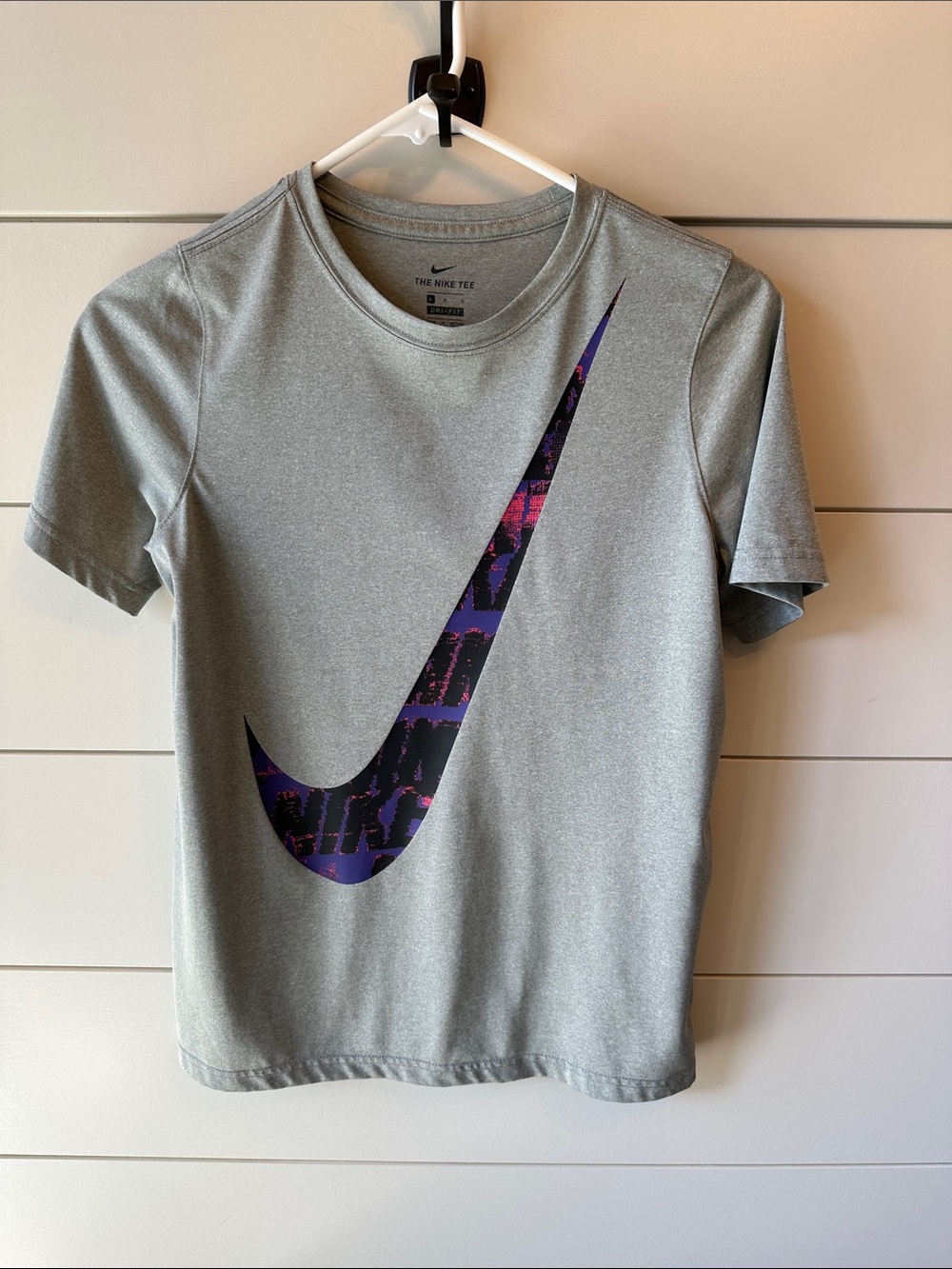 Nike Youth Gray Short-Sleeve Dri-FIT Tee with Purple Swoosh